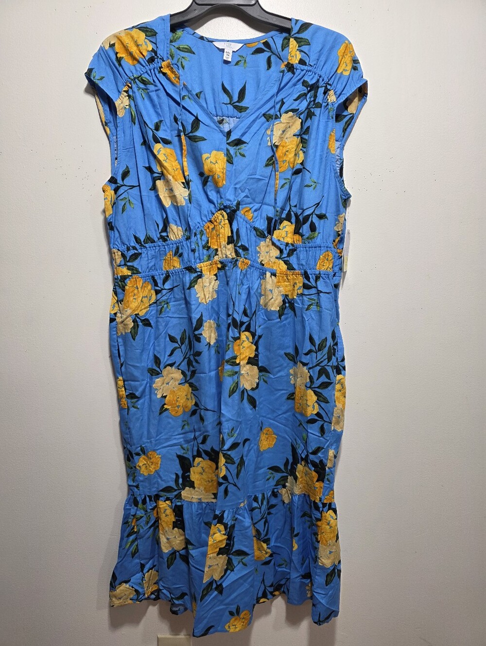 NWT! Time & Tru Blue Floral Midi Dress Plus Size XXXL 22 Yellow Flower Tie Neck - Picture 3 of 6